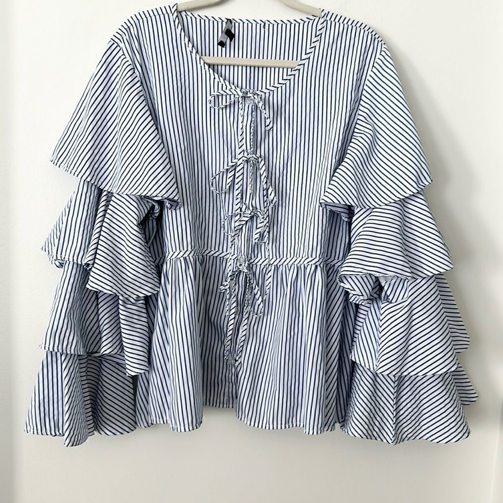 Dice Striped Tiered Sleeve Blouse 2X
